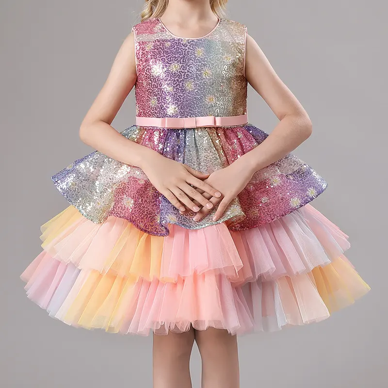 Mùa hè cô gái pompous Công Chúa Váy gạc Sequins thiết kế cầu vồng màu váy Hàn Quốc trẻ em váy bên hiệu suất quần áo