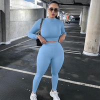 Ensemble de survêtement sport 2 pièces pour femme, uni, décontracté, pour tous les jours, respirant, côtelé, haut court extensible, séchage rapide