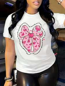 Cute Women's Valentine's Day T-Shirt Pink <b>Heart</b> Lips <b>Print</b> Soft Cotton Casual <b>Top</b> Regular Fit Short Sleeve Crew Neck - Product Image 3