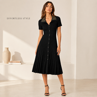 Robe en tricot pointelle noire pour femme, col polo, manches courtes, longueur midi, vente en gros, marque privée