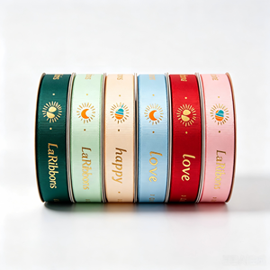 Ruban en grosgrain polyester personnalisé avec impression dorée double face, motif soleil et amour, certifié OEKO-TEX, en rouleaux pour emballage cadeau - Product Image 3