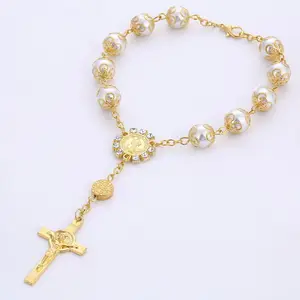 10毫米玻璃珍珠念珠Jesus手镯十字天主教玫瑰金色念珠手镯耶稣十字手镯女士