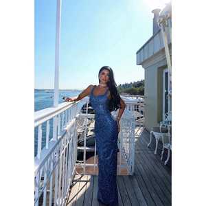 ชุดราตรีทรงเอไลน์ผ้าซาตินสีน้ำเงิน ดีไซน์สายรัดเก๋ไก๋ ประดับเลื่อมและลูกปัด ความยาวระดับพื้น ไซส์ XS ถึง XL - Product Image 5