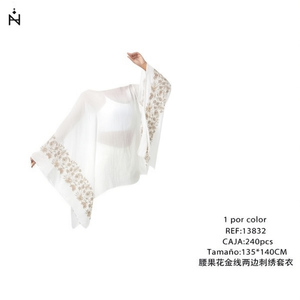 Suéter bordado con hilo dorado y diseño de flor de Paisley, chal de 135*140 cm, pareo para la playa. - Product Image 2