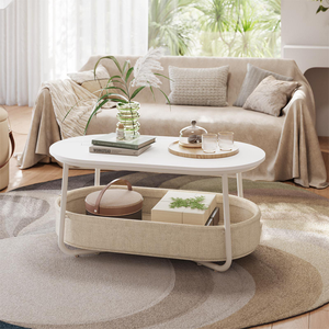 Mesa Auxiliar Moderna de Madera Estilo Antiguo de 2 Niveles Kainice, Mesa de Centro con Cesta de Tela y Estructura Metálica para Sala de Estar - Product Image 3