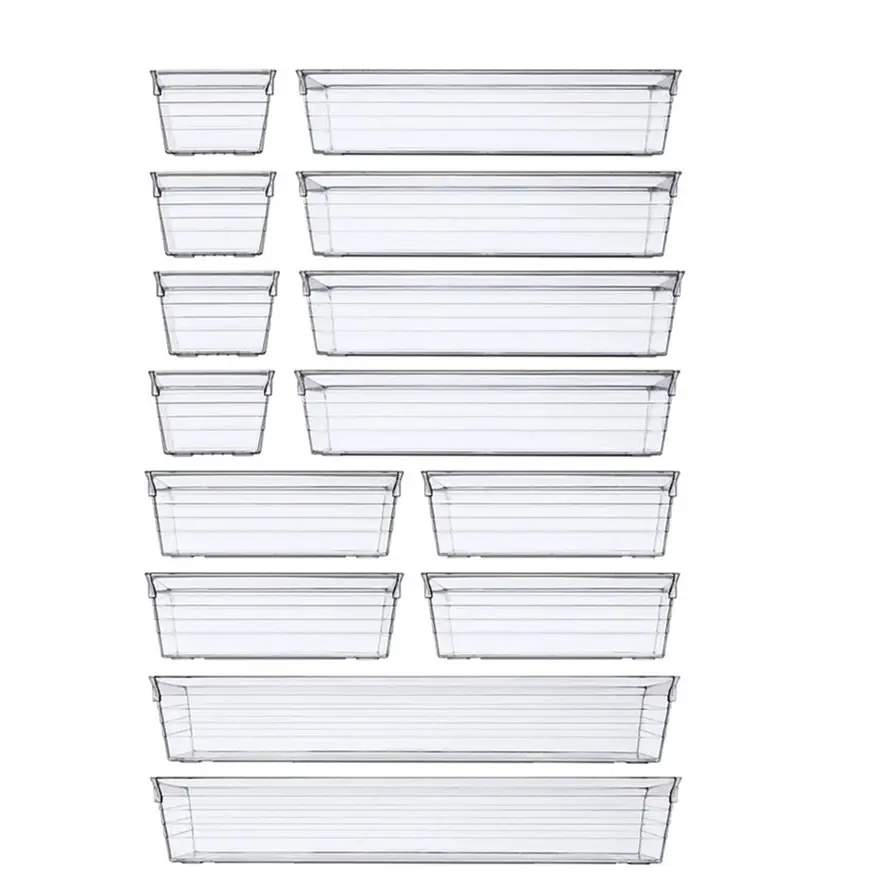 14 PCS Clear Plastic Drawer Organizer Tray Desk Drawer Storage Bins for Makeup, Kitchen Utensils, Jewelries and Gadgets