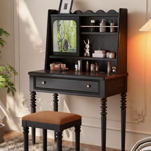 French Retro Dressing Table Black Solid Wood Flip Top Mirror Makeup Vanity Bedroom Furniture With <b>Stool</b> - Product Image 1