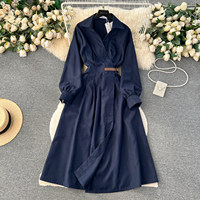 Robes midi élégantes pour femmes, à col tailleur, manches longues, taille cintrée avec boucle, robe utilitaire pour le printemps et l'automne