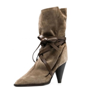 <b>Top</b> Quality Soft Suede Ankle Short Boots Ladies Daily Shoes Spike High Heels Women's Boots <b>Cross</b> Ropes Pointy Toe - Product Image 2