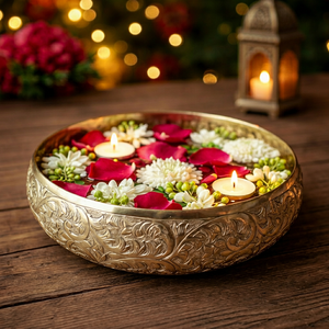 Metal Urli Bowl with Wide Rim for Floating Flowers and Tea <b>Lights</b> in Living Rooms and Entryways - Product Image 1