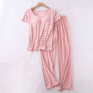 Wholesale Womens Full Length Pajamas Sets Stripes Padded Top Drawstring Elastic Long Pants Sleepwear <b>Twinset</b> - Product Image 1