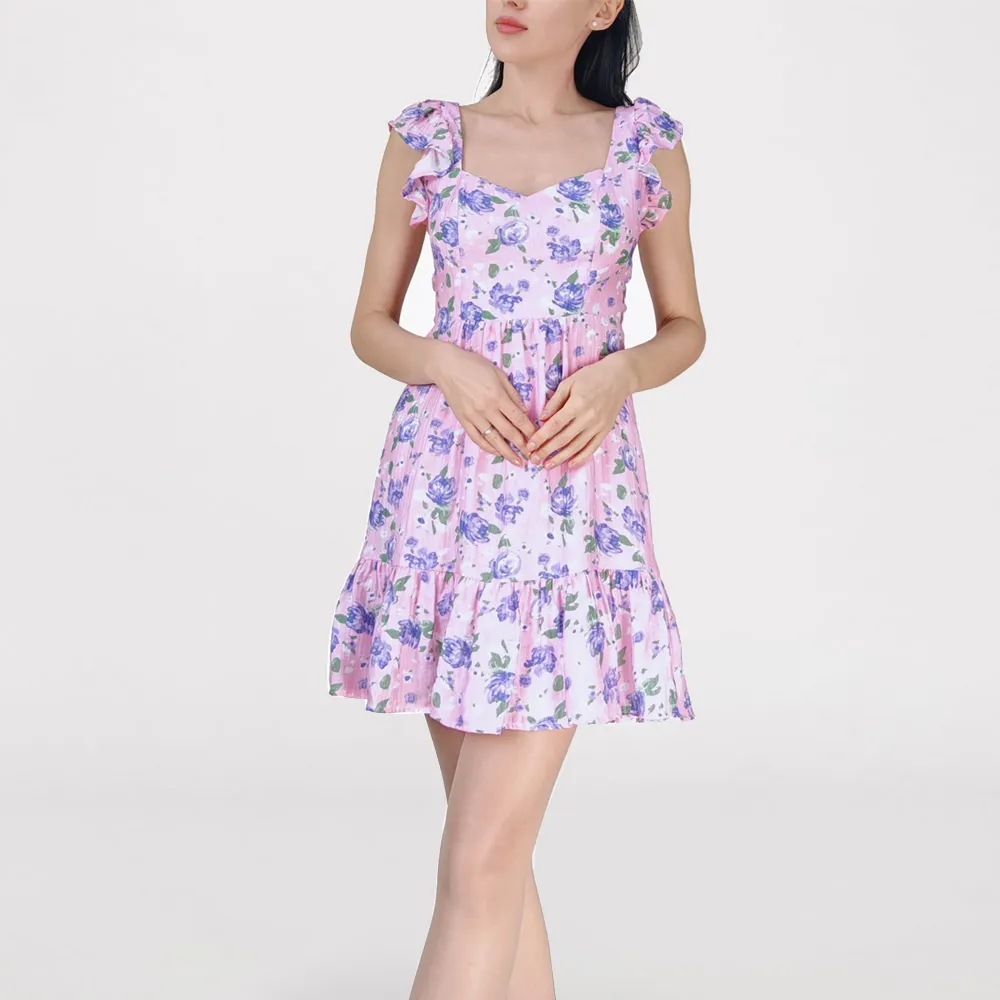 lila blume sexy rückenfrei mini bescheiden damenkleid feminin a-linie schönes kleid modisch elegante blumenkleider mit schleife