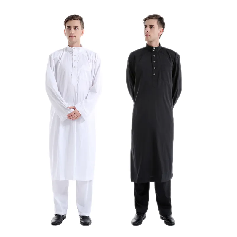 Effen Kleur Thobe Mannen 2 Stuk Broek Set Plus Size Witte Islamitische Mannen Thobe Met Knop Dubai Marokkaanse Moslim Abaya voor Mannen