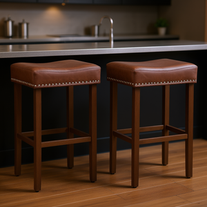 Upholstered Bar <b>Stools</b> Set Of 2 Brown <b>Wood</b> Frame For Counters Traditional Modern Design - Product Image 2