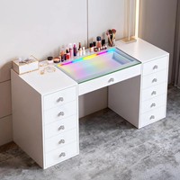 Grande coiffeuse de chambre à coucher antique, blanche et élégante, sans miroir, en bois, avec couvercle en verre et éclairage intégré pour la chambre à coucher