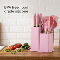 Ensemble de cuisson en silicone réutilisable en gros avec 19 pièces, couvercles extensibles à manche en bois, ustensiles de cuisine avec logo personnalisé