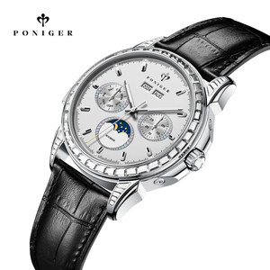 Montre mécanique squelette PONIGER P6.25, forme carrée, mouvement multifonction, aiguilles lumineuses, lunette incrustée de bijoux, couronne, boîtier en acier - Product Image 2