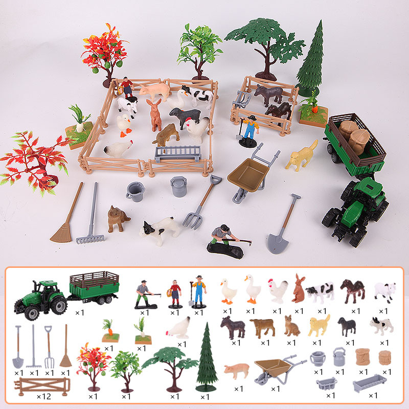 Ensemble de 49 pièces sur le thème de la ferme : animaux, outils et plantes.
