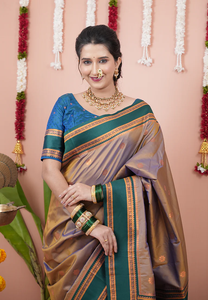 Chickoo Soft Silk Narayanpeth Paithani Saree con ricos motivos tejidos Zari e impresionantes tejidos de contraste para un uso tradicional - Product Image 3