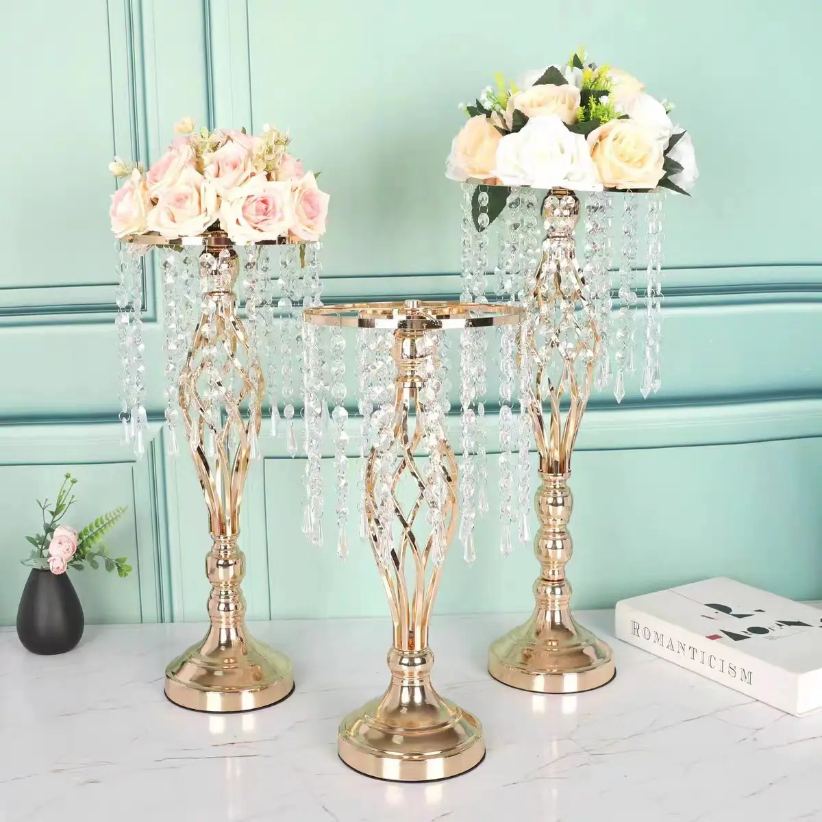 NISEVEN hiasan tengah meja pernikahan, kreatif, bunga emas perak logam berdiri dengan kristal tempat lilin