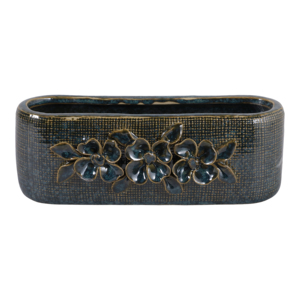 Vaso ovale in ceramica con applicazioni floreali per uso interno ed esterno, vaso decorativo in gres per piante. - Product Image 1