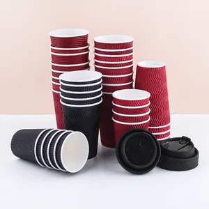 Stock 8oz 12oz bicchieri di carta nera confezione da 500 pezzi logo stampato personalizzato set di tazze di carta da caffè usa e getta a doppia tripla parete con coperchi