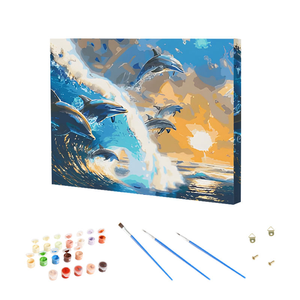 Peinture par numéros DIY : un groupe de baleines bleues sautant sur la surface de la mer, une œuvre d'art peinte à la main, parfaite pour la décoration de la maison - Product Image 1