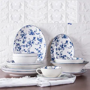 Chaozhou factory cheap price dinnerware low MOQ oval shape blue and white china ceramic porcelain dinner plate dishes bowls