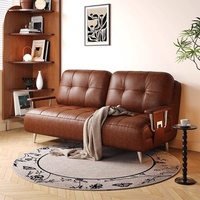 Sofá Cama Estilo Americano Vintage, Plegable, Doble Uso, Retro, para Apartamentos Pequeños, Sofá de Cuero Encerado, Sofá de Madera Maciza
