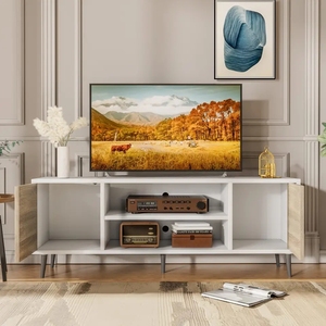 Meuble TV moderne du milieu du siècle pour téléviseur de 55/65 <span class=keywords><strong>pouces</strong></span>, centre de divertissement avec armoire de rangement et étagères ouvertes, meuble multimédia pour téléviseur - Product Image 4