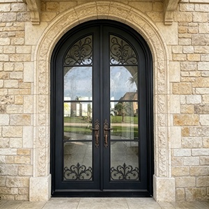Wrought Iron Arched Entry Doors With Decorative Glass Panels Exterior <b>Swing</b> Metal Front Door Finished Steel Construc - Product Image 3