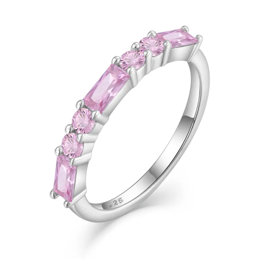 Mooie Romantiek Roze Zirkonia Eternity Ring Rechthoek Gesneden Edelsteen Band Sterling Zilveren Ring 925 Voor Vrouwen Verjaardagscadeau