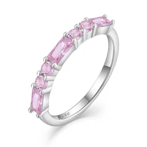 Beautiful Romance Pink Cubic ZIrconia Eternity Ring Rectangle Cut Gemstone Band Sterling Silver Ring 925 For Women Birthday Gift