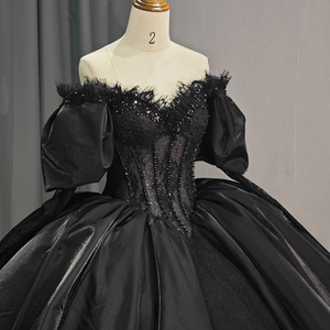 Vestidos de Quinceañera Negros Brillantes con Hombros Descubiertos, <span class=keywords><strong>Vestido</strong></span> de Noche Largo con Mangas Abullonadas, Modelo 1181-1 - Product Image 1