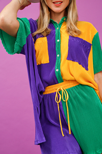 Wholesale Custom logo Shirt Short Sleeve <strong>Tops</strong> Shorts Color Block <strong>Plisse</strong> Women Two Piece Set Mardi Gras Sets - Product Image 2