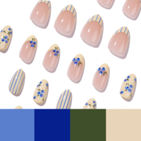 Kuku Palsu Minimalis Warna Kontras Biru dan Putih, Kuku Palsu Almond Blueberry Segar Grosir