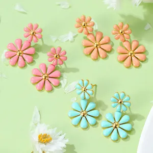 Fashionable Daisy Flower Enamel Stud Drop Earrings For Women 316L Stainless Steel Non-Tarnish Jewelry For Girls