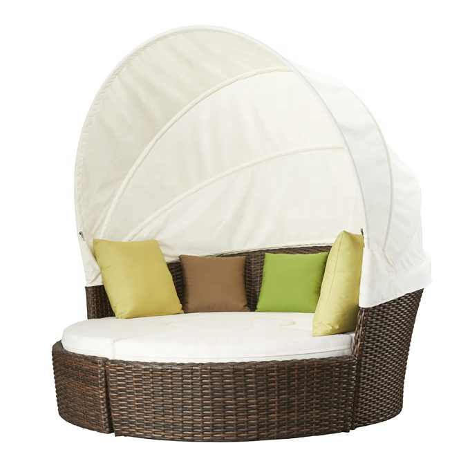 Outdoor Brown Hotel Beach Exterior Pool Wicker Aluminum Sunbed Patio Garden Round Rattan Daybed with Canopy