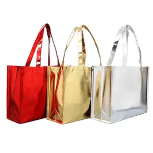 Toptan özel kullanımlık gelin hediye katlanabilir alışveriş çantası altın gümüş gül altın laminasyon metalik lazer olmayan dokuma kumaş çanta