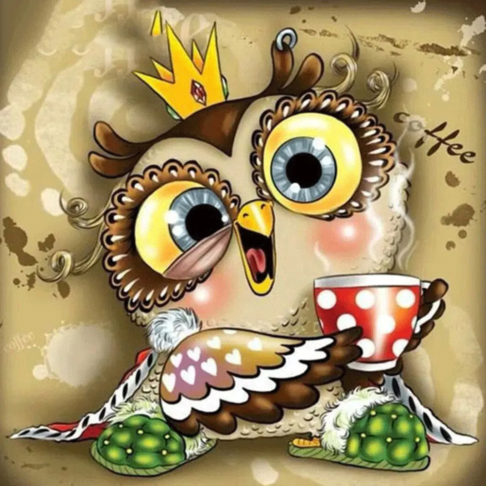 Hibou avec café plein diamant peinture dessin animé bricolage diamant mosaïque image pour kinderzimmer cadeau fait main