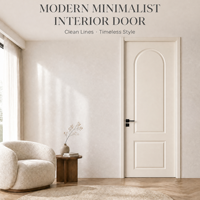 Porte intérieure en mélamine blanc cassé avec dessus arqué, design moulé à deux panneaux, poignée à levier noir mat, style classique moderne
