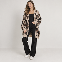 Cardigan long surdimensionné personnalisé pour femme, imprimé léopard, en maille jacquard, à manches ballon, ouvert sur le devant, OEM ODM