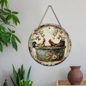 Vintage <b>wall</b> <b>decorations</b>, country garden ornaments, distressed potted chicken pattern wooden round signboard - Product Image 4