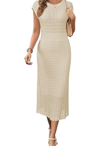 Elegante Vestido Midi de Punto con Cuello Redondo, Manga Corta, Silueta Ajustada, Cintura Natural, Color Sólido, Mezcla de Algodón Transpirable - Product Image 4
