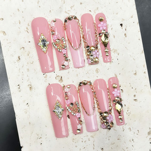 <span class=keywords><strong>Uñas</strong></span> <span class=keywords><strong>Postizas</strong></span> Acrílicas Hechas a Mano con Gel, <span class=keywords><strong>Decoradas</strong></span> con Flores 3D y Diamantes de Imitación, Reutilizables - Product Image 5