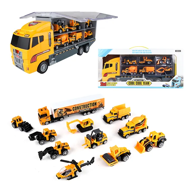 Construction Toy Vehicle Cars Model Trucks with 11 Cars Transporter Truck Mini Excavator Digger Dumper Tractor for Kids Boys