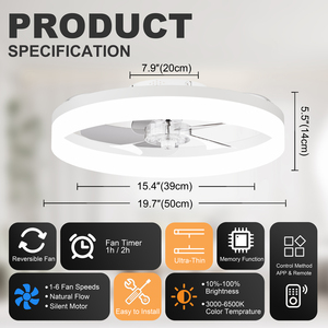 19.7'' LED <b>Ceiling</b> <b>Fan</b> Light 6 Speed Reversible APP <b>Remote</b> <b>Control</b> Flush Mount WHITE Fandelier for Bedroom - Product Image 6