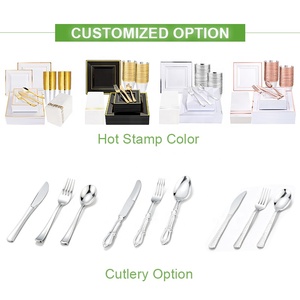 Ensemble de Vaisselle Jetable Or 350 Pièces pour 50 Convives, Blanc Bord Doré, Carré en Plastique Résistant, Incluant <span class=keywords><strong>Assiettes</strong></span> Noires/Argentées - Product Image 3