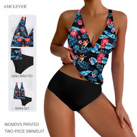AMCLEVER Ensemble de bikini imprimé sexy - Haut push-up à col en V profond avec bas noir taille haute, maillot de bain amincissant OME Logo personnalisé