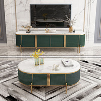 Vente en gros de modules TV modernes, ensemble meuble TV avec dessus en marbre et table basse, meubles de salon, 1 jeu de panneaux en bois doré en acier inoxydable